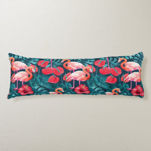 Coussins Longs Flamant rose et aquarelle du jardin tropical