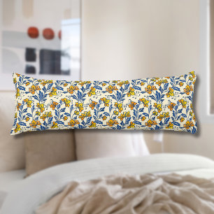 Coussins Longs Fleur Bleue Feuillue de Style Folk Orange Jaune Vi
