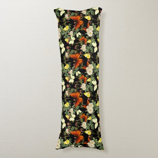 Coussins Longs Fleur d'Apple et papillons Arrière - plan noir (Devant (Vertical))