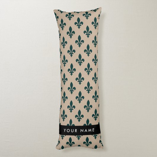 Coussins Longs Fleur de Lis, Vert sur Beige, Royal, Votre Nom (Dos (Vertical))