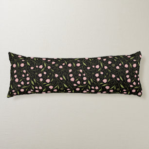 Coussins Longs Fleur mignonne, rose sur noir avec motif répétitif