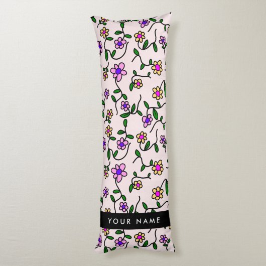 Coussins Longs Fleurs Colorées, Fond Rose, Noir (Dos (Vertical))