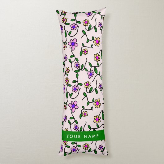 Coussins Longs Fleurs Colorées, Fond Rose, Vert (Dos (Vertical))