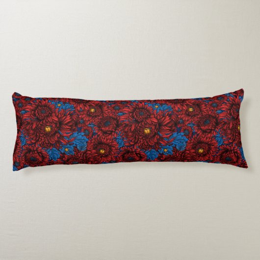 Coussins Longs Fleurs de chrysanthème rouge et coléoptères orange (Dos)