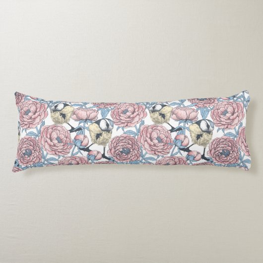 Coussins Longs Fleurs de pivoines et oiseaux (Devant)