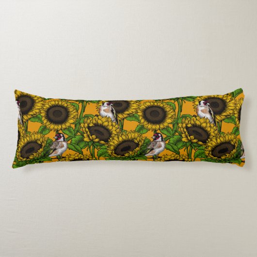 Coussins Longs Fleurs de soleil et ailerons d'or sur orange (Devant)