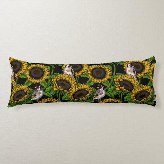 Coussins Longs Fleurs de soleil et ailerons sur noir (Devant)