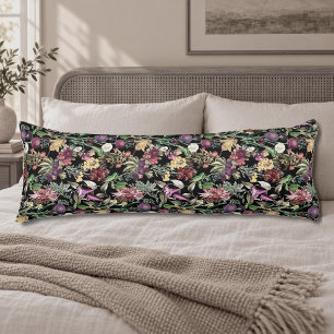 Coussins Longs Fleurs élégantes et feuilles motif floral noir
