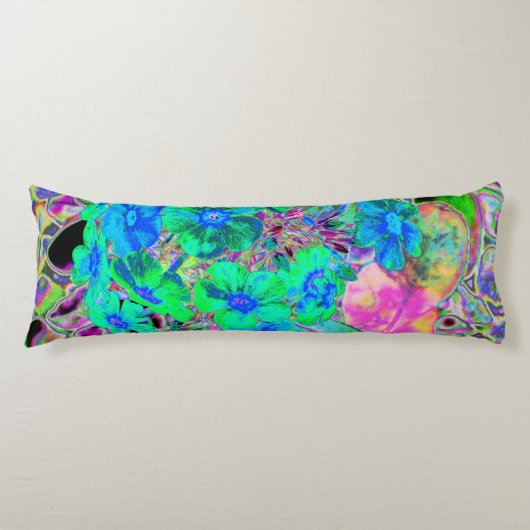 Coussins Longs Fleurs psychédéliques vert citron et bleu (Devant)