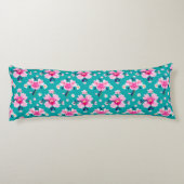 Coussins Longs Fleurs roses et feuilles sur fond sarcelle (Dos)