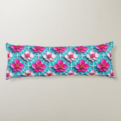 Coussins Longs Fleurs roses sur fond bleu géométrique (Dos)