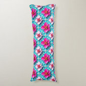 Coussins Longs Fleurs roses sur fond bleu géométrique (Devant (Vertical))