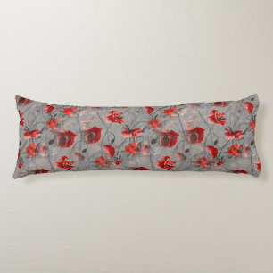 Coussins Longs Fleurs rouges sur Gris foncé, Pépites rouges à pap