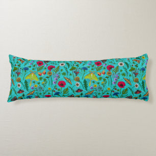 Coussins Longs Fleurs sauvages et papillons de nuit sur turquoise