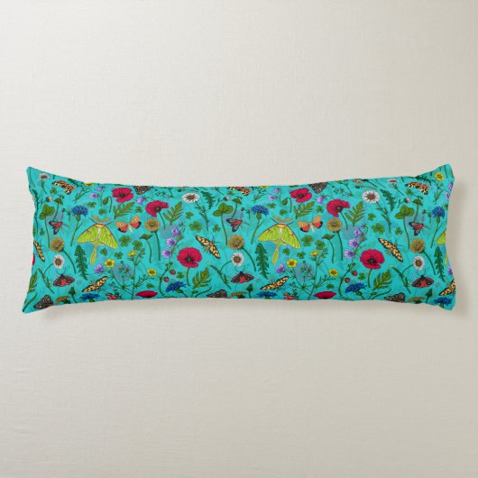 Coussins Longs Fleurs sauvages et papillons de nuit sur turquoise (Devant)