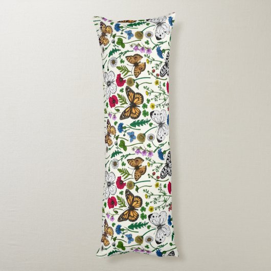 Coussins Longs Fleurs sauvages et papillons sur blanc (Dos (Vertical))