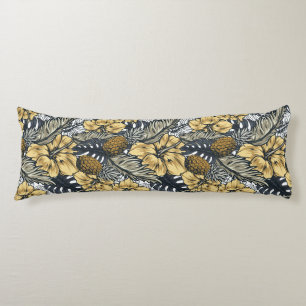 Coussins Longs Fleurs tropicales noires et or élégantes de luxe