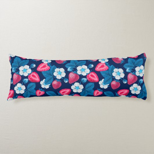 Coussins Longs Fraises roses sur bleu (Devant)