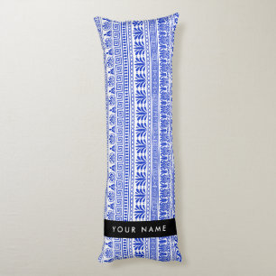 Coussins Longs Fret grec, Clé de méandre mixte, Bleu, Votre Nom