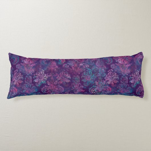 Coussins Longs Grunge Damassé Violet Pourpre Turquoise Rose Chaud (Devant)