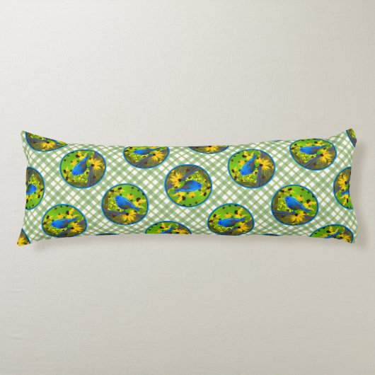 Coussins Longs Indigo Bunting sur la peinture de clôture Oiseaux  (Devant)