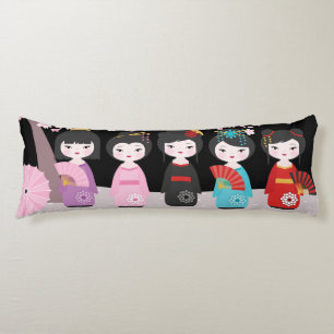 Coussins Longs Japonais Kokeshi Dolls Noir