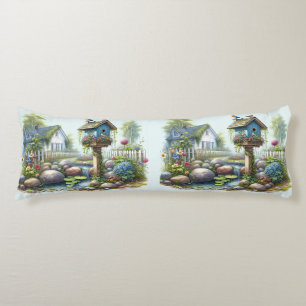 Coussins Longs Jardin de maisonnette à l'aquarelle avec nichoir à