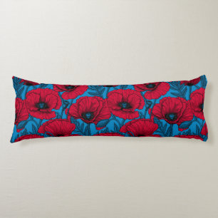 Coussins Longs Jardin de pavot rouge sur bleu