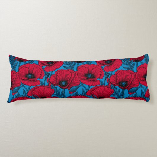 Coussins Longs Jardin de pavot rouge sur bleu (Devant)