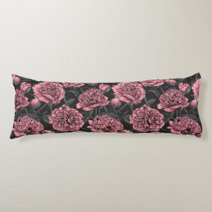 Coussins Longs Jardin de pivoine nocturne rose et gris