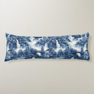 Coussins Longs Jardin d'eau japonais en porcelaine blanche bleue