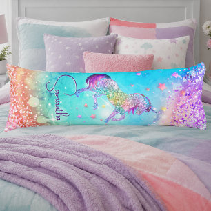 Coussins Longs Joli licorne rose paillettes arc-en-ciel aqua mono