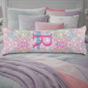 Coussins Longs Joli monogramme iridescent licorne rose faux paill