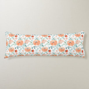 Coussins Longs Jolie Peach Aquarelle Florale Vert Feuille Blanc