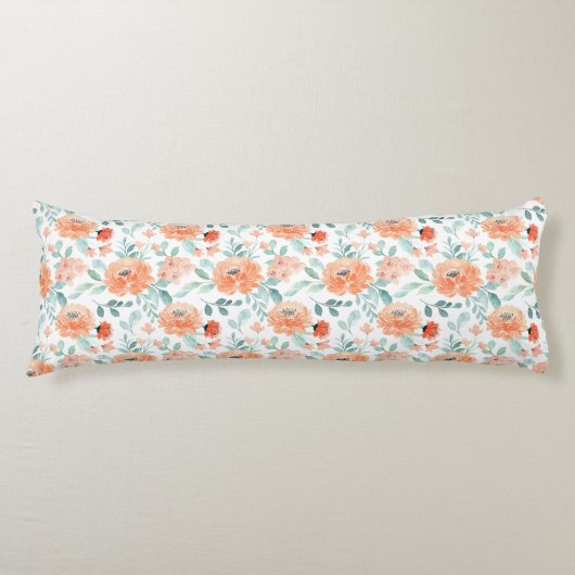 Coussins Longs Jolie Peach Aquarelle Florale Vert Feuille Blanc (Devant)