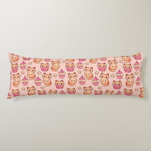 Coussins Longs Kawaii Cute Cats and Cupcakes Motif rose (Devant)