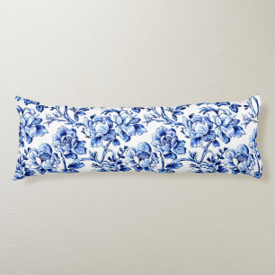 Coussins Longs Magnolias bleu et blanc Toile de Jouy