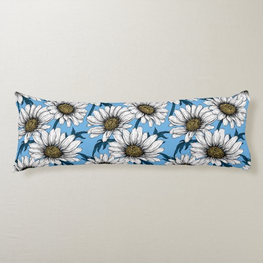 Coussins Longs Maisonnettes, fleurs sauvages sur bleu (Devant)