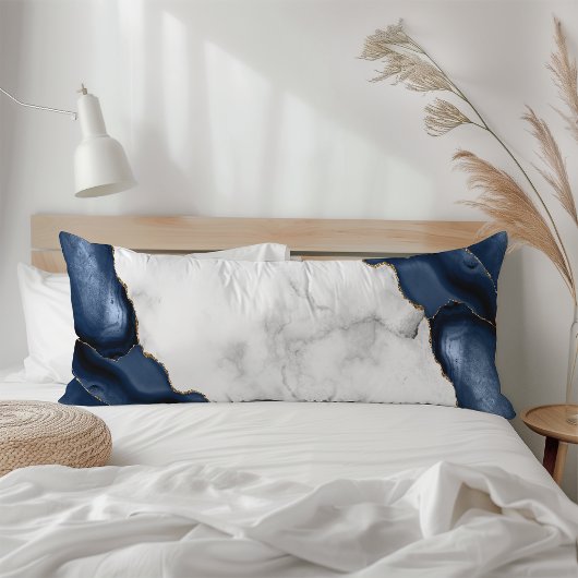 Coussins Longs Marbre blanc Agate Navy Blue dorée