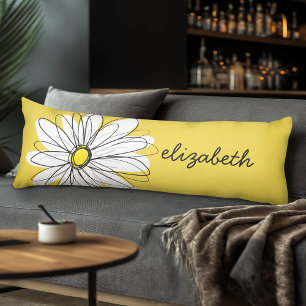 Coussins Longs Marguerite lunaire jaune et blanc avec texte perso