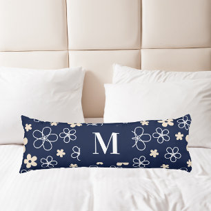 Coussins Longs Marine bleu crème fleur motif rétro