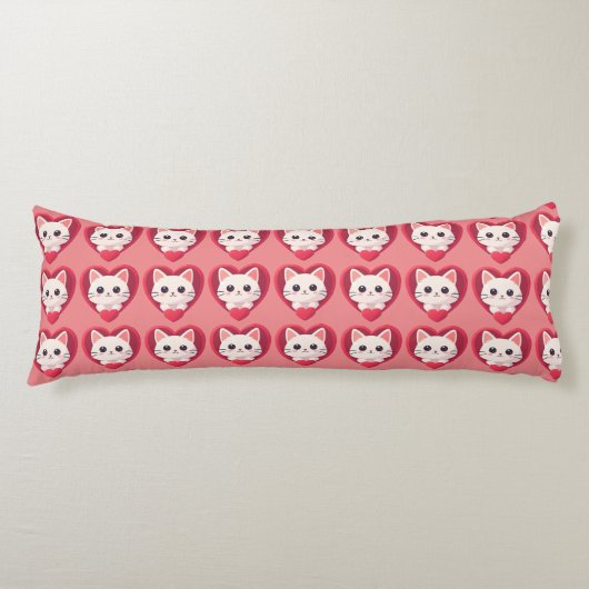 Coussins Longs Mignon Chat Blanc avec Design Kawaii Kitty Love (Devant)