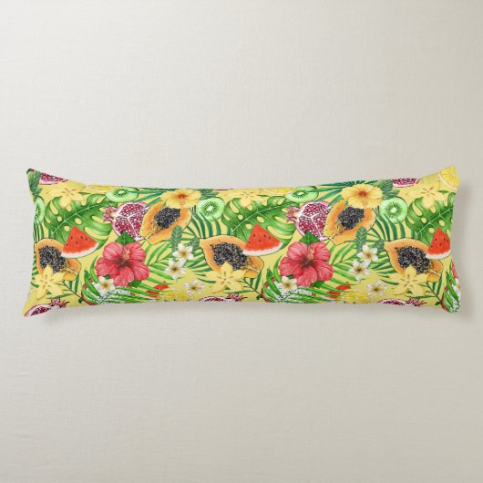 Coussins Longs Mix-fruit tropical, fleurs et feuilles sur jaune (Devant)