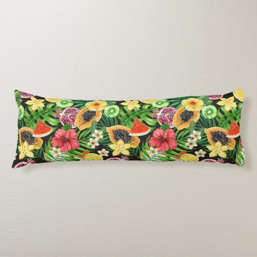 Coussins Longs Mix-fruits tropicaux, fleurs et feuilles en noir (Devant)