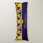 Coussins Longs Monogramme classique bleu or Damask (Devant (Vertical))