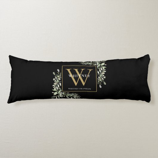 Coussins Longs Monogramme doré de verdure moderne noir (Devant)
