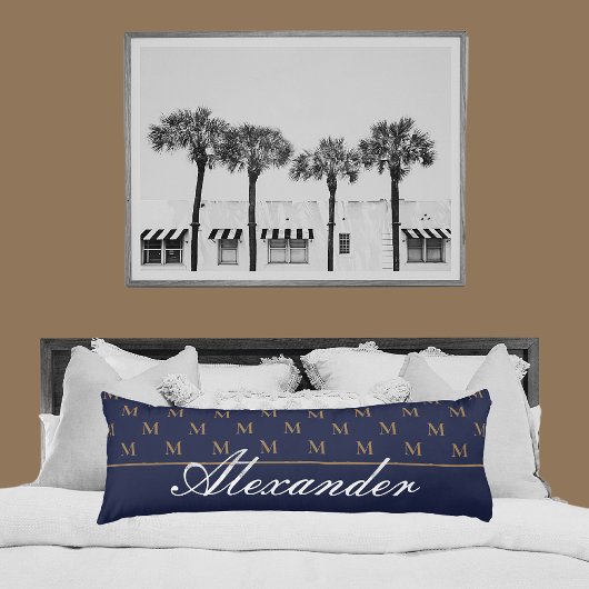 Coussins Longs Monogramme Moderne Marine Bleu Blanc Or Élégant