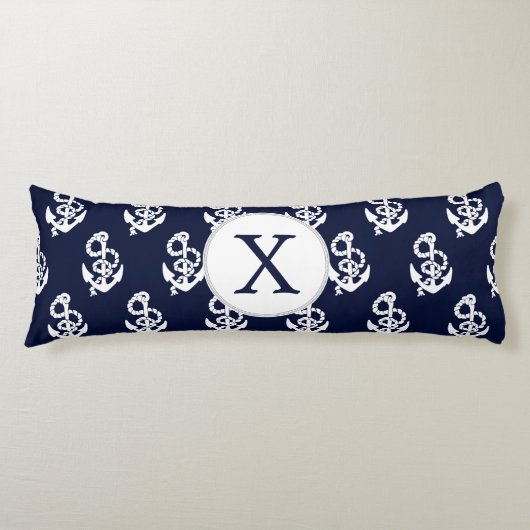 Coussins Longs Monogramme personnalisé Marine Ancre bleue Nautiqu (Devant)