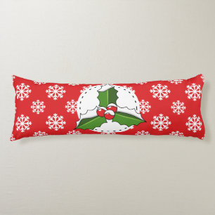 Coussins Longs Motif Baies de Houx sur Flocons de Neige Rouges Bl