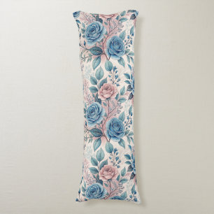 Coussins Longs Motif bleu et rose sur blanc doux